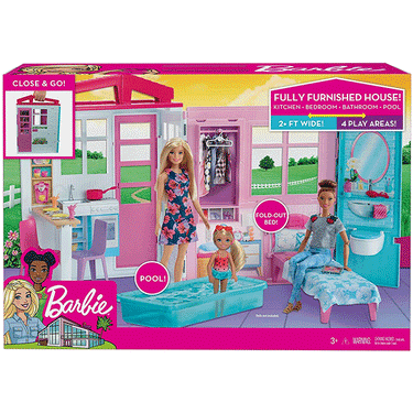 barbie dollhouse portable 1 story playset with pool